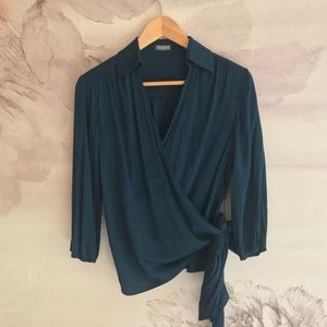 Ann Taylor petite silk emerald wrap top - 3/4 slv